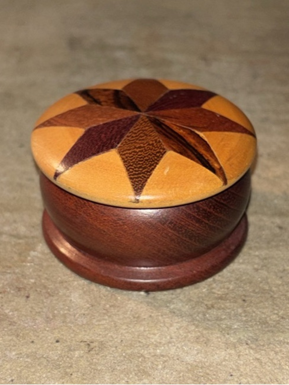 Handcrafted Wooden Trinket Box - Brown & Tan Star Inlay 2” W by 1”H
